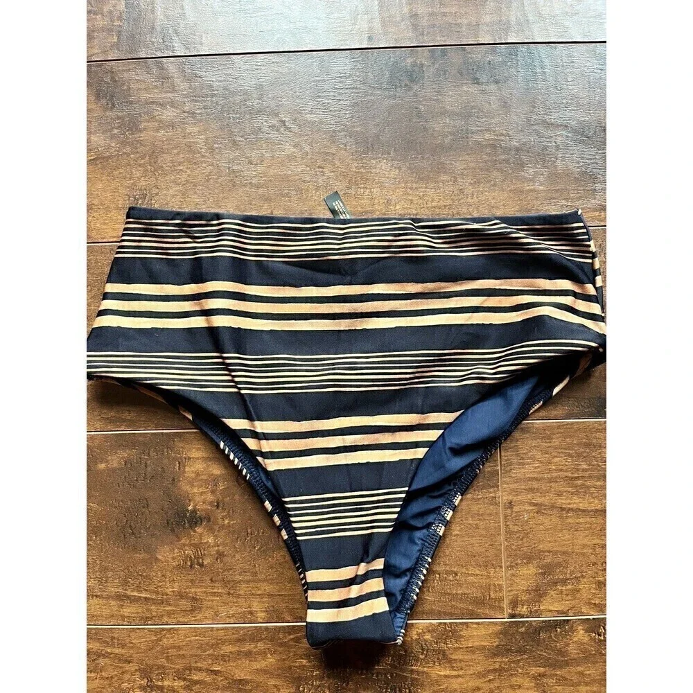 VIX Paula Hermanny Isabela Hot Pant Striped Navy Swim Bikini Bottom Womens L NWT